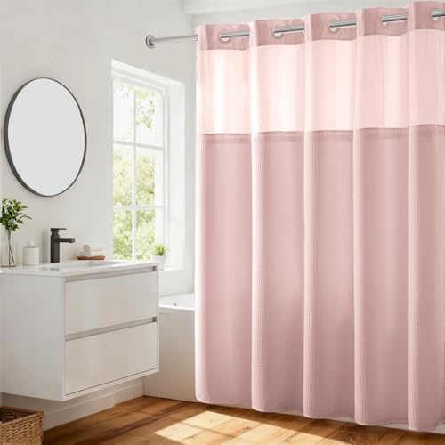 River Dream Waffle No Hook Shower Curtain with Liner,Light Pink,71x74