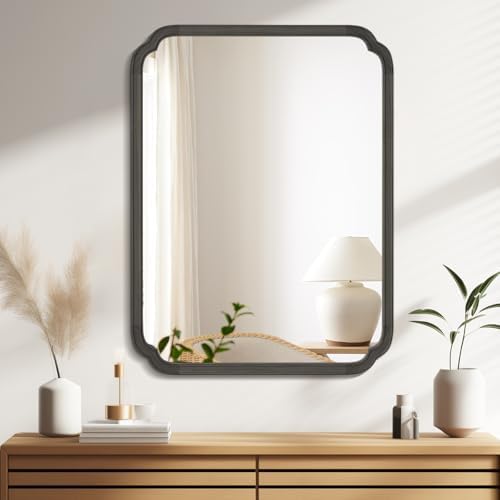 WallBeyond 28" x 40" Rounded Corner Arch Wall Mirror with Wood Frame for Entryway, Living Room or Bedroom Home Decor - Light Woodgrain [28 x 40 inches, Black]