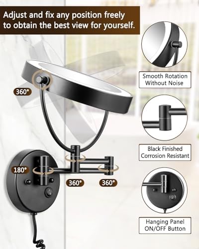 ALHAKIN 9" Wall Mounted Lighted Makeup Mirror, Large Double Sided 1X/10X Magnifying Mirror with 3 Color Lights Dimmable, 360° Rotation, Black