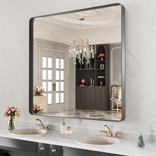 LOAAO 40X38 Inch Black Metal Framed Bathroom Mirror for Wall