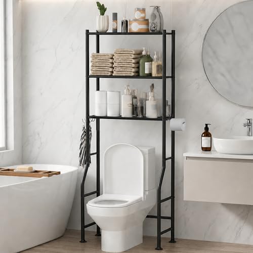 GloTika 3-Tier Over Toilet Storage, Anti-Tilt, 64" H, Black