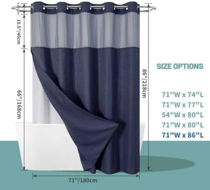 eachope No Hook Long Waffle Shower Curtain, Snap-in Liner, 71x86 in, Navy