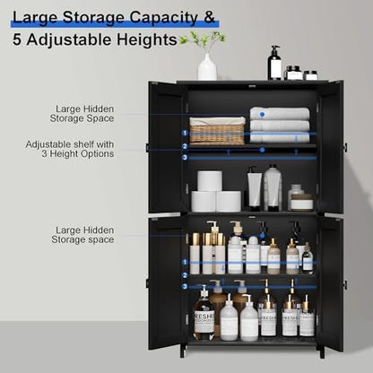Bathroom Cabinet with Adjustable Shelf Freestanding Storage Cabinet with 2 Doors Wooden Organizer Floor for Bathroom Kitchen and Living Room (Black, 4 Doors)