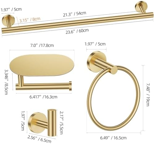 TURS Brushed Gold 5 Piece Bathroom Hardware Set, SUS304 Stainless Steel Bath Towel Bar Set, Bathroom Towel Rack Set Wall Mounted