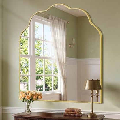 Gold Arched Mirror, 36×40Inch Scalloped Mirror for Bathroom, Wavy Wall Mounted Vanity Mirror with Aluminum Alloy Frame for Livingroom Bedroom and Entryway, Tempered Glass