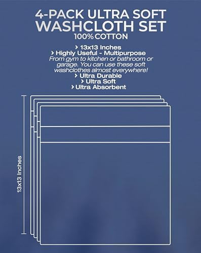 American Veteran Towel, 100% Cotton Turkish Washcloths for Bathroom Essentials 4 Pack, Soft Absorbent Wash Cloths Quick Drying Small Towels Washrags, Aqua Blue