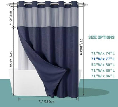 eachope No Hook Waffle Shower Curtain with Snap-in Liner, 71x77 Inch, Navy