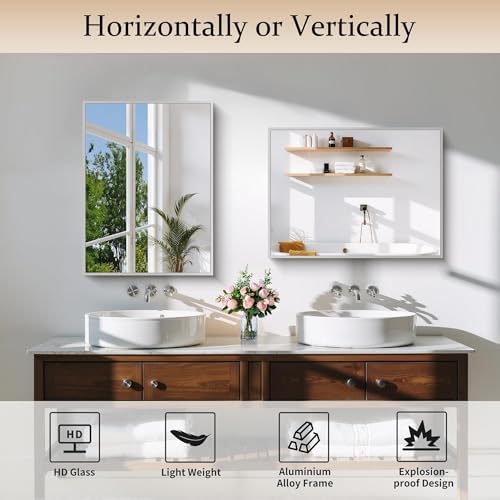 COFENY Silver Bathroom Mirror for Wall, 18x24 Inch Rectangle Mirror with Metal Frame, Modern Vanity Mirrors for Bathroom Living Room, Entryway Hangs Horizontal or Vertical