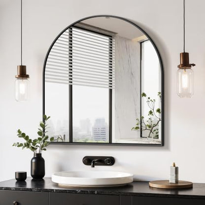 Delma Arched Bathroom Mirror, Black, 32"x30"
