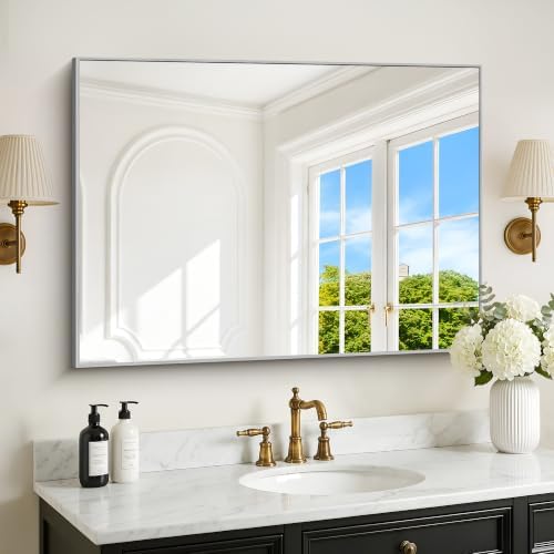 DESBING 30" x 40" Bathroom Mirror, Silver Metal Frame Wall Mirror