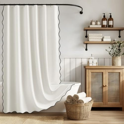 ANRODUO White Scalloped Linen Textured Shower Curtain, W72 x L90