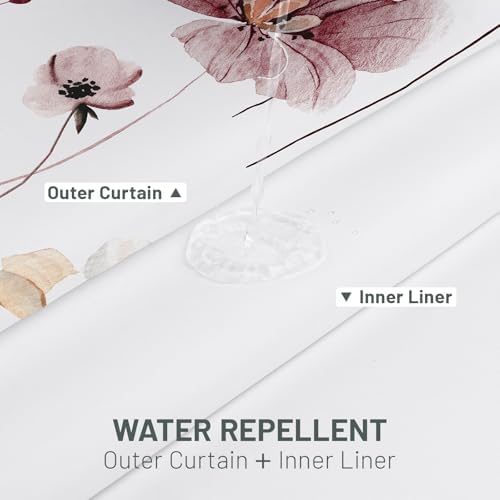 WITHLOC No Hook Floral Shower Curtain with Liner, Burgundy Flower, 71x74