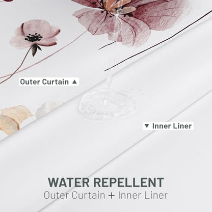 WITHLOC No Hook Floral Shower Curtain with Liner, Burgundy Flower, 71x74