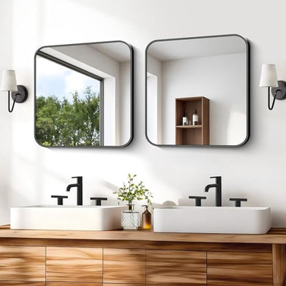 Black Bathroom Mirror, 18 x 18 inch Square Mirrors for Wall, Metal Frame Rounded Corner Vanity Mirror for Over Sinks Modern Bedroom Living Room Horizontal Or Vertical Mounting