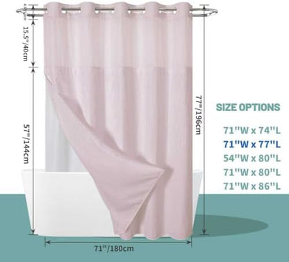 No Hook Waffle Shower Curtain with Snap-in Liner, 71x77 Inch, Blush Pink