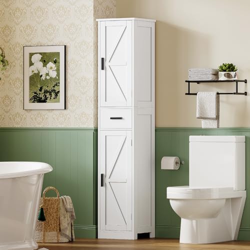 TEENFON 67 Tall Bathroom Cabinet with 6 Shelves & 1 Drawer, Narrow Storage Cabinet with Adjustable Shelves, Silm Cabinet for Living Room, Kitchen, White
