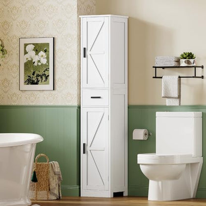 TEENFON 67 Tall Bathroom Cabinet with 6 Shelves & 1 Drawer, Narrow Storage Cabinet with Adjustable Shelves, Silm Cabinet for Living Room, Kitchen, White