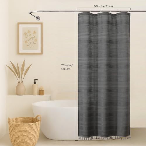 OVZME Boho Stall Shower Curtain, Narrow Soft Fabric Striped Textured Bathroom Shower Curtain with Tassel, Modern Farmhouse Machine Washable Bath Decor, 36Wx72L Inches, Charcoal Grey