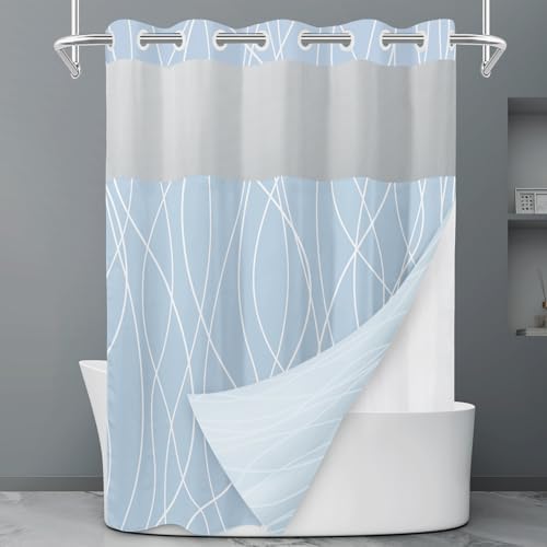 LXBNI Light Blue No Hook Shower Curtain with Liner, 71 x 74 Inch