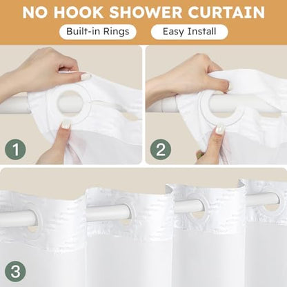FADOTY White No Hook Shower Curtain Set with Snap in Liner, 71'' x 86''