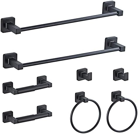Matte Black Bathroom Hardware Set 8 Pieces,Towel Bar Set Stainless Steel Wall Mounted, Includes 16In Hand Towel Bar, Towel Ring, Robe Towel Hooks,Toilet Paper Holder, Bathroom Towel Rack Set…