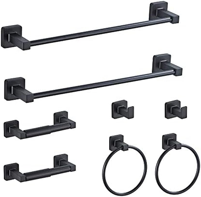 Matte Black Bathroom Hardware Set 8 Pieces,Towel Bar Set Stainless Steel Wall Mounted, Includes 16In Hand Towel Bar, Towel Ring, Robe Towel Hooks,Toilet Paper Holder, Bathroom Towel Rack Set…