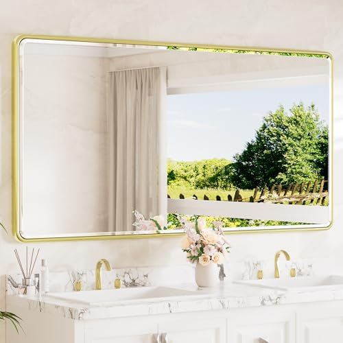 TETOTE Brushed Gold Framed Bathroom Mirror 72 x 36 Large Beveled Edge Tempered Glass, Rounded Corner Rectangle Bathroom Mirror for Modern Bathroom, Living Room, Bedroom, Entryway