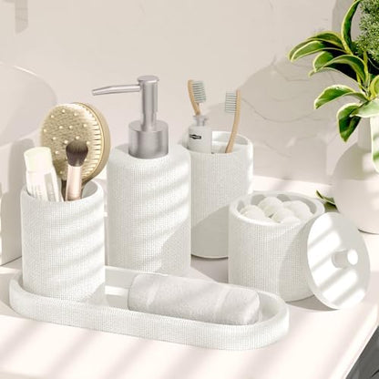 Clara Clark Bathroom Set - White Bathroom Accessories Set, 5PC Bathroom Accessory Set, Bathroom Sets with Soap Dispenser, Toothbrush Holder, Tumbler, Cotton Swab Jar & Vanity Tray