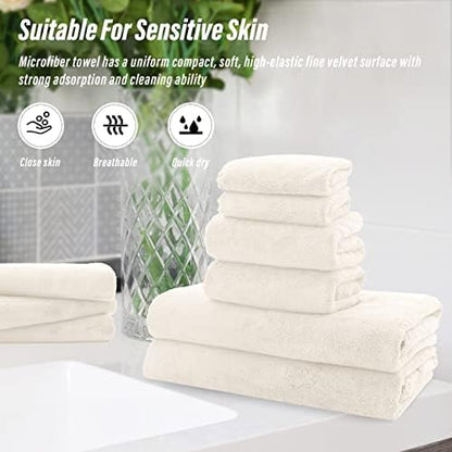 MOONQUEEN Ultra Soft Towel Set-Quick Drying - 2 Bath Towels 2 Hand Towels 2 Washcloths-Microfiber Coral Velvet Highly Absorbent Towel for Bath Fitness,Bathroom,Sports,Yoga, Travel(Cream, 6 Pcs)