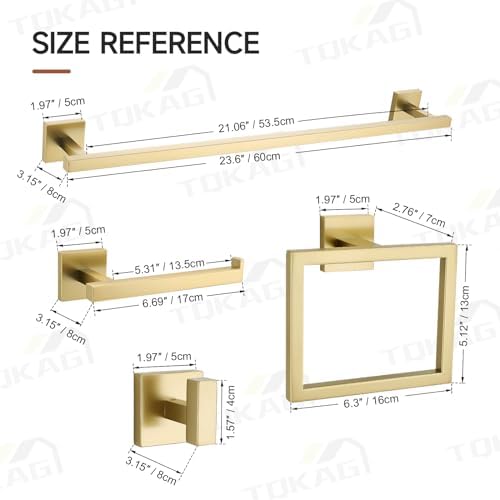 TQKAG Brushed Gold Bathroom Hardware Accessories Set 10 Pieces, 23.6" SUS304 Stainless Steel Towel Bar Set Wall Mounted Includes Single Towel Bar, Towel Ring, Toilet Paper Holder, Double Towel Hooks