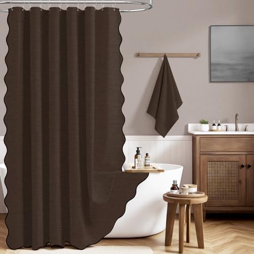 BTTN Boho Scalloped Linen Textured Cloth Shower Curtain Set, 72x84, Brown