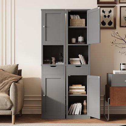 Shintenchi Tall Bathroom Storage Cabinet, Slim Corner Floor Cabinet with Doors and Drawer, Freestanding Narrow Bathroom Organizer with Adjustable Shelves for Small Space, Gray