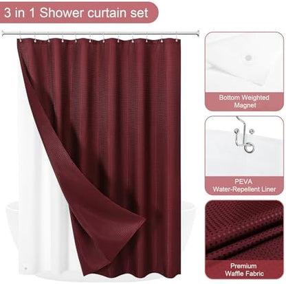 Gibelle 3 in 1 Burgundy Shower Curtain with PEVA Liner, 12 Hooks, 72x72