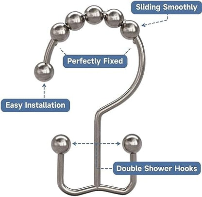 Titanker Shower Curtain Hooks Rings, Rust Resistant Metal Double Glide Shower Hooks Rings for Bathroom Shower Rods Curtains, Set of 12 Hooks - Nickel