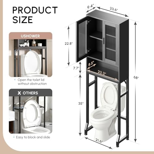 USHOWER Black Over The Toilet Storage Cabinet with Glass Doors