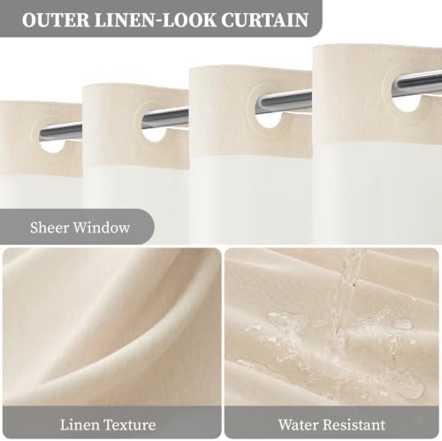 BTTN Cream Ringless Linen Textured Shower Curtain with Snap in Liner, 72x75