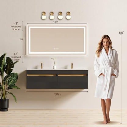 48"x24" LED Bathroom Mirror with Anti-Fog, Backlit & Front Lights, Memory