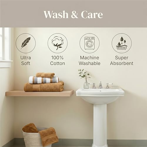Modern Threads 6 Piece Bath Towel Set – Bathroom Towel Set with 2 Bath Towels, 2 Hand Towels & 2 Washcloths – 100% Cotton, Soft & Absorbent – Wide Stripe (Gold)