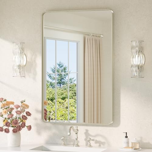 TETOTE Brushed Nickel Mirror for Bathroom 24 x 36 Metal Framed Vanity Mirror, Tempered Glass, Modern Farmhouse Wall Mounted Mirrors for Decorative(Horizontal/Vertical)