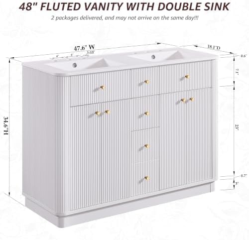 T4TREAM 48" Fluted Bathroom Vanity with Double Sink, Solid White
