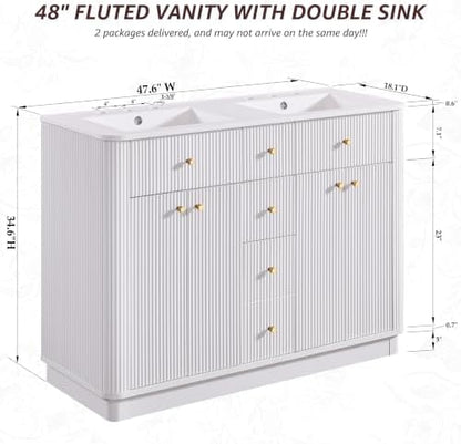 T4TREAM 48" Fluted Bathroom Vanity with Double Sink, Solid White