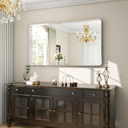 Easly 48 x 30 Inch Silver Bathroom Mirror, Rectangular Wall Mounted Shatterproof Mirror, Aluminum Alloy Frame with Rounded Corners, Horizontal or Vertical for Farmhouse Decor