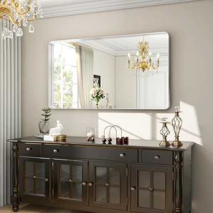 Easly 48 x 30 Inch Silver Bathroom Mirror, Rectangular Wall Mounted Shatterproof Mirror, Aluminum Alloy Frame with Rounded Corners, Horizontal or Vertical for Farmhouse Decor