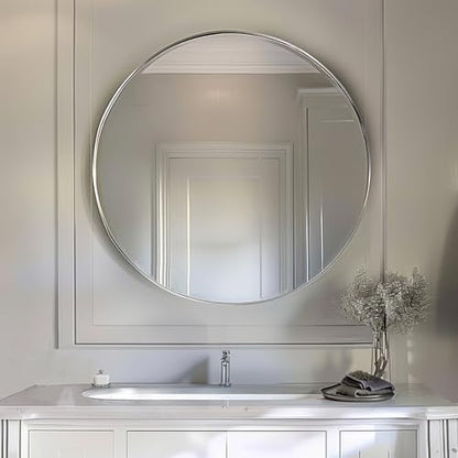 Sunniry 18 inch Round Mirror, Round Wall Mirror, Brushed Silver Metal Frame