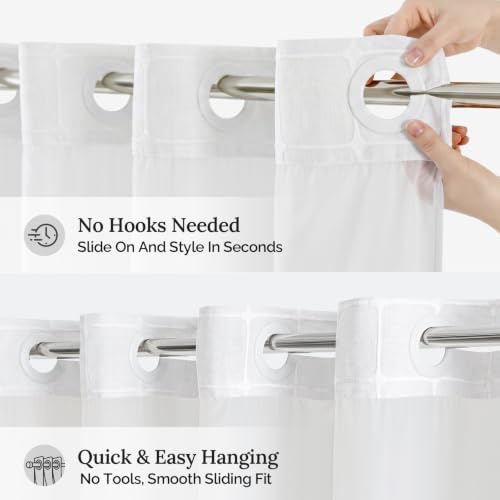RiverDream Farmhouse No Hooks Shower Curtain with Snap-in Liner,White,71x74