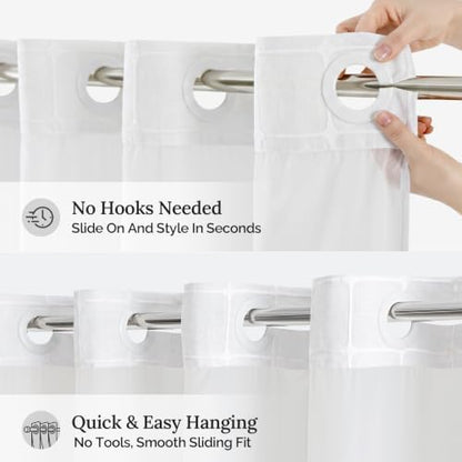 RiverDream Farmhouse No Hooks Shower Curtain with Snap-in Liner,White,71x74