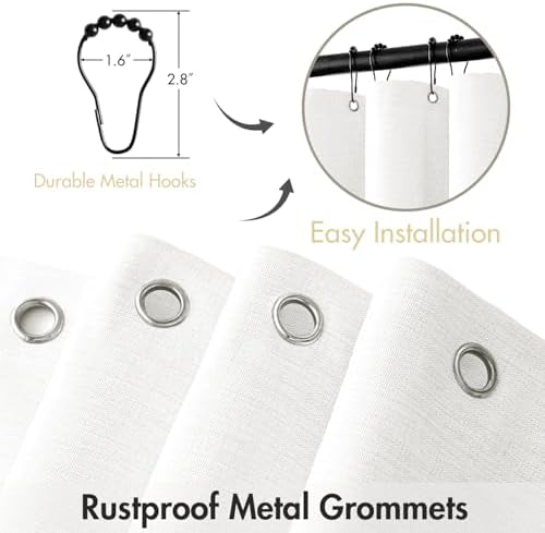 MIULEE Linen Fabric Shower Curtain White W72*L72 12 Metal Hooks