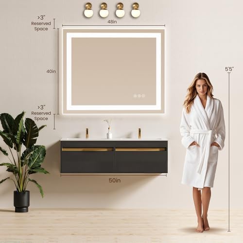 48"x40" LED Bathroom Mirror with Anti-Fog, Backlit & Front Lights, Memory