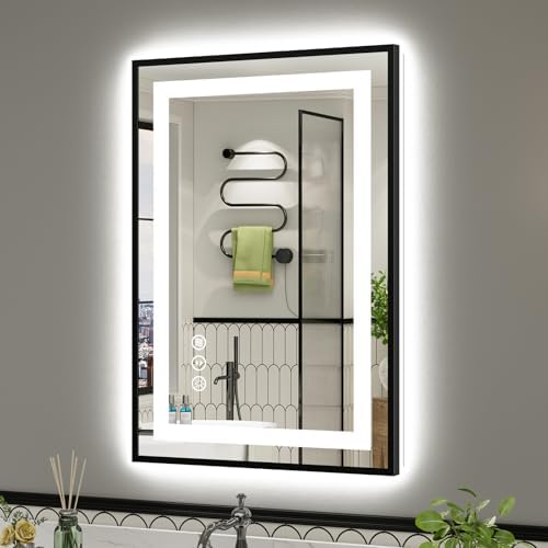 24x36 Inch LED Bathroom Mirror with Black Frame, Backlit & Front Lit
