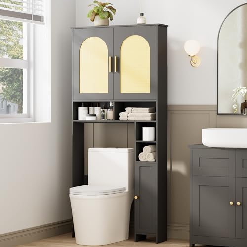 Homhedy Wooden Over The Toilet Storage Cabinet, Natural and Black